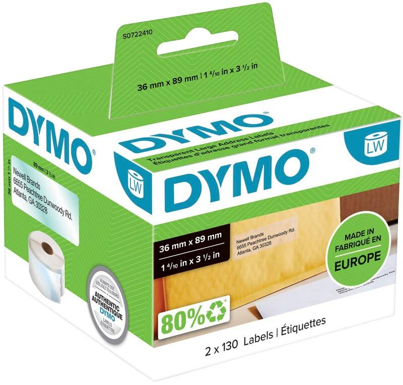 Étiquettes d’expédition Dymo LW S0722410 / 99013 d’origine, larges, autocollantes Transparent 36 x 89 mm