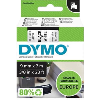 Ruban d'étiquettes DYMO D1 Authentique 40913 S0720680 Autocollantes Noir sur Blanc 9 mm x 7 m