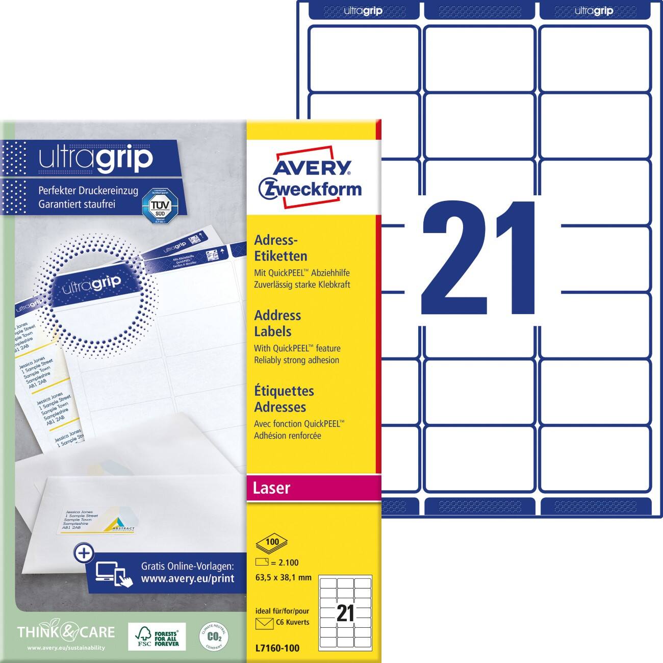 Étiquettes d'adresse AVERY Zweckform UltraGrip L7160-100 Adhésif A4 Blanc 63,5 x 38,1 mm 100 feuilles de 21 unités