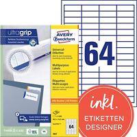 Étiquettes universelles AVERY Zweckform 3667 Ultragrip Blanc A4 48,5 x 16,9 mm 100 Feuilles de 64 Étiquettes