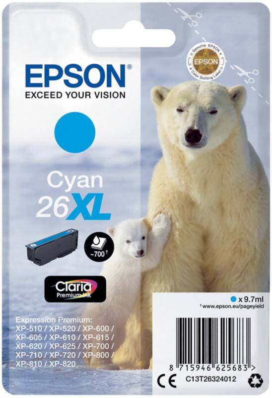 Cartouche jet d'encre Epson 26XL D'origine C13T26324012 Cyan