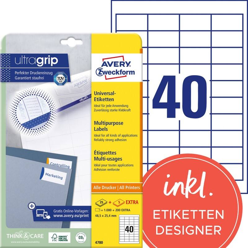 Avery Ultragrip Etiketten 4780 Klevend A4 Wit 48,5 x 25,4 mm 30 Vellen à 40 Etiketten