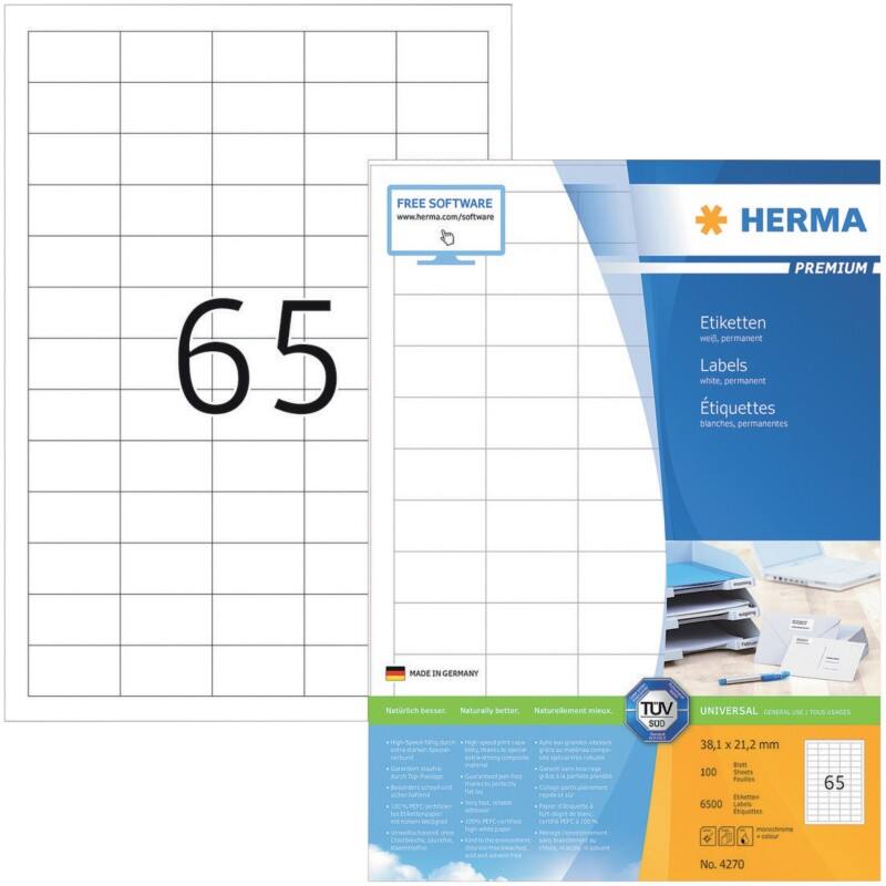 HERMA Etiketten 4270 Klevend A4 Wit 38,1 x 21,2 mm  100 Vellen à 65 Etiketten
