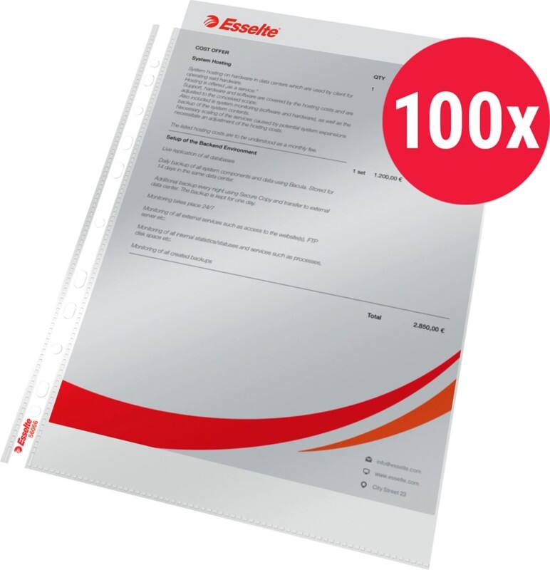 Esselte Showtassen A4 Glashelder Transparant 55 micron PP (Polypropeen) Boven 11 Gaten 100 Stuks