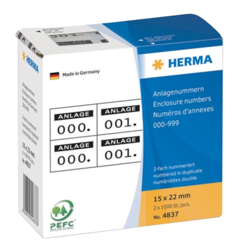 Chiffres adhésifs HERMA 4837 0-999 Blanc, noir Rectangulaires 15 x 22 mm 2000 étiquettes par paquet 4837