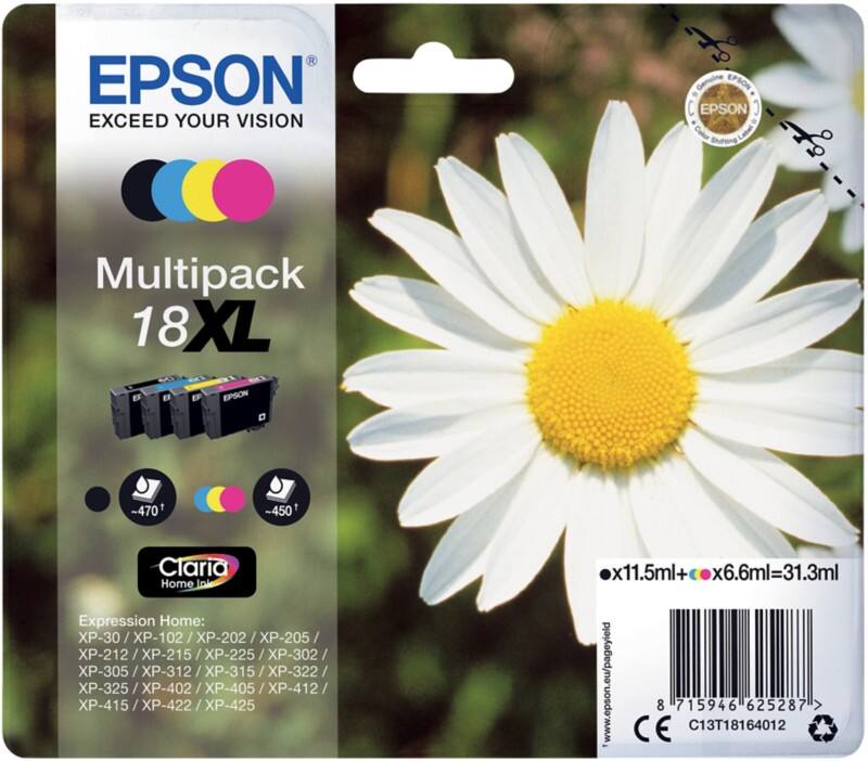 Epson 18XL Origineel Inktcartridge C13T18164012 Zwart, cyaan, magenta, geel Multipack 4 Stuks