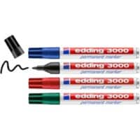 edding 3000 Permanentmarker  Medium Ronde punt 1,5 - 3 mm Kleurenassortiment Navulbaar Waterbestending 4 Stuks