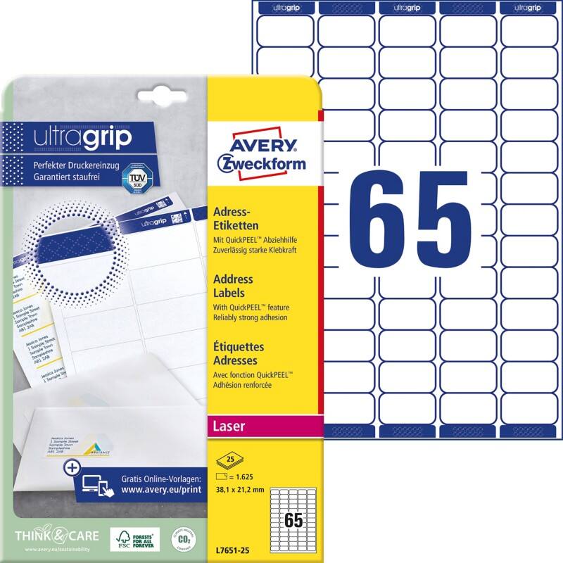 Avery Ultragrip Etiketten L7651-25 Klevend A4 Wit 38,1 x 21,2 mm 25 Vellen à 65 Etiketten