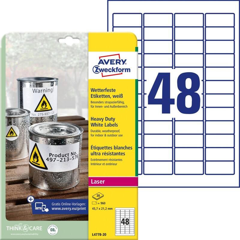 Avery Speciale etiketten L4778-20 Klevend A4 Wit 45,7 x 21,2 mm 20 Vellen à 48 Etiketten