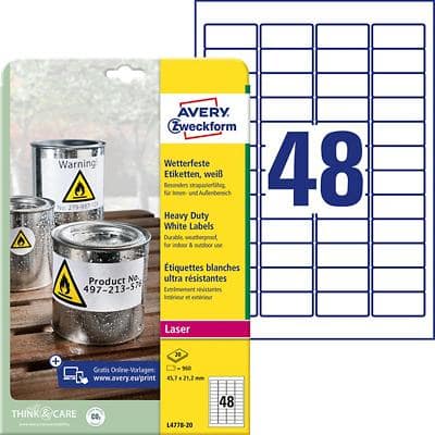 Étiquettes AVERY Zweckform L4778-20 Heavy Duty Blanc A4 45,7 x 21,2 mm 20 Feuilles de 48 Étiquettes