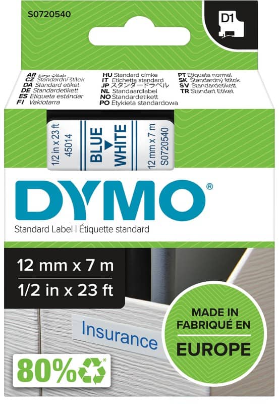 Ruban d'étiquettes DYMO D1 Authentique 45014 S0720540 Autocollantes Bleu sur Blanc 12 mm x 7 m