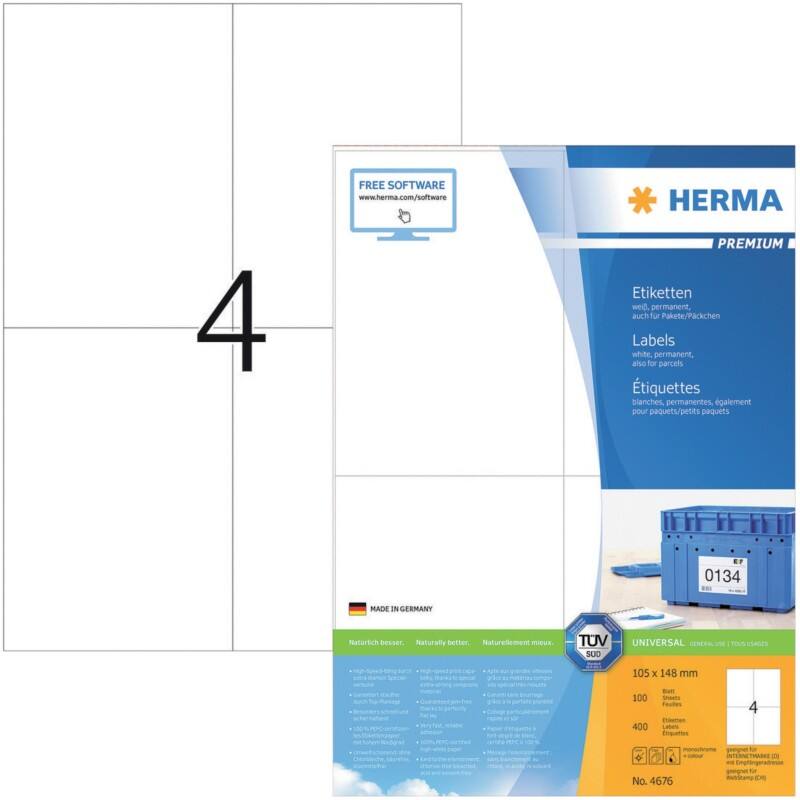 HERMA Etiketten 4676 Klevend A4 Wit 105 x 148 mm  100 Vellen à 4 Etiketten