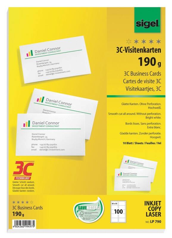 Cartes de visite Sigel 190 g/m² Blanc 10 Feuilles de 10 Unités