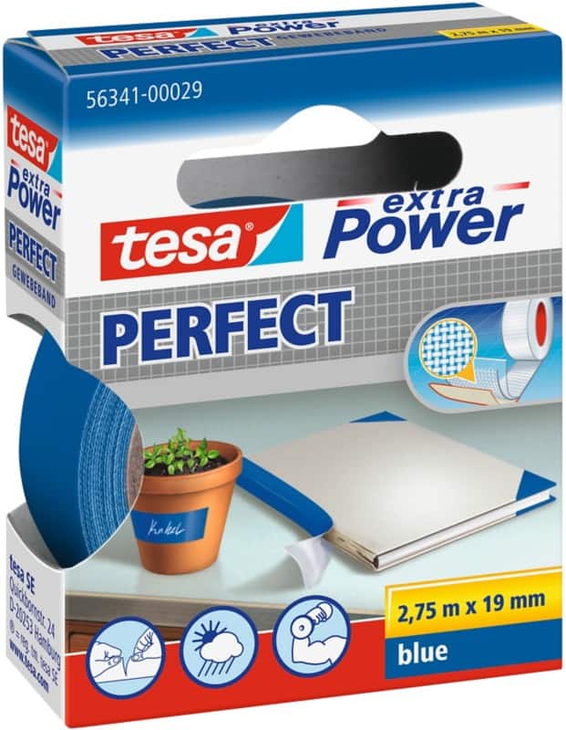 tesa Textieltape extra Power Perfect Blauw 19 mm (B) x 2,75 m (L) Celwolweefsel