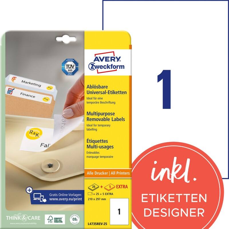 Étiquettes repositionnables Avery L4735REV-25 Stick & Lift Blanc A4 210 x 297 mm 30 Feuilles de 1 Étiquettes