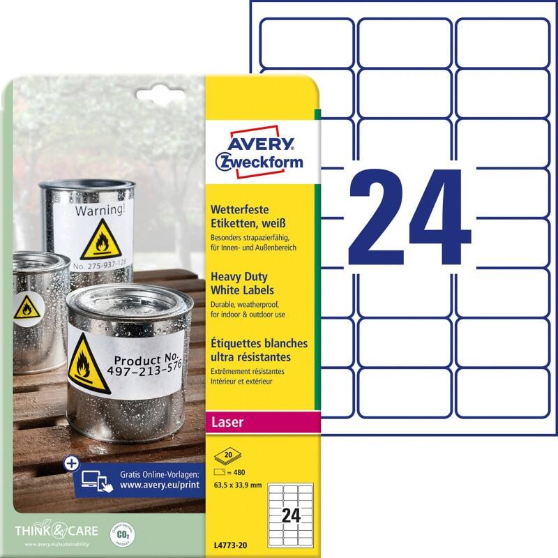 Avery Weerbestendige labels L4773-20 Klevend A4 Wit 63,5 x 33,9 mm 20 Vellen à 24 Etiketten