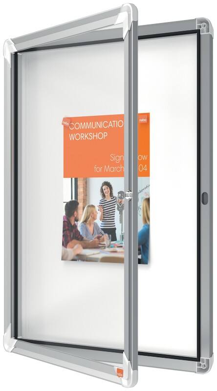 Nobo Premium Plus Magnetische Afsluitbare Binnenvitrine 1902557 Muurbevestiging Aluminium Frame Scharnierdeur van veiligheidsglas 4xA4 Wit 494 x 668 mm