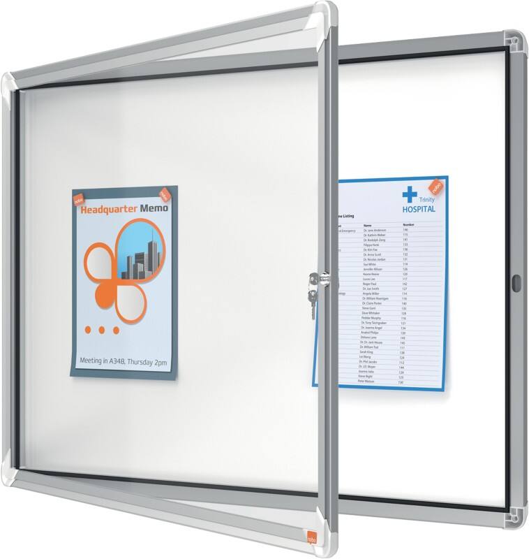 Nobo Premium Plus Buitenvitrine Magnetisch Afsluitbaar Weerbestendig 1902579 Wandmontage Aluminium frame Scharnierdeur van veiligheidsglas 8 x A4 Wit 924 x 668 mm