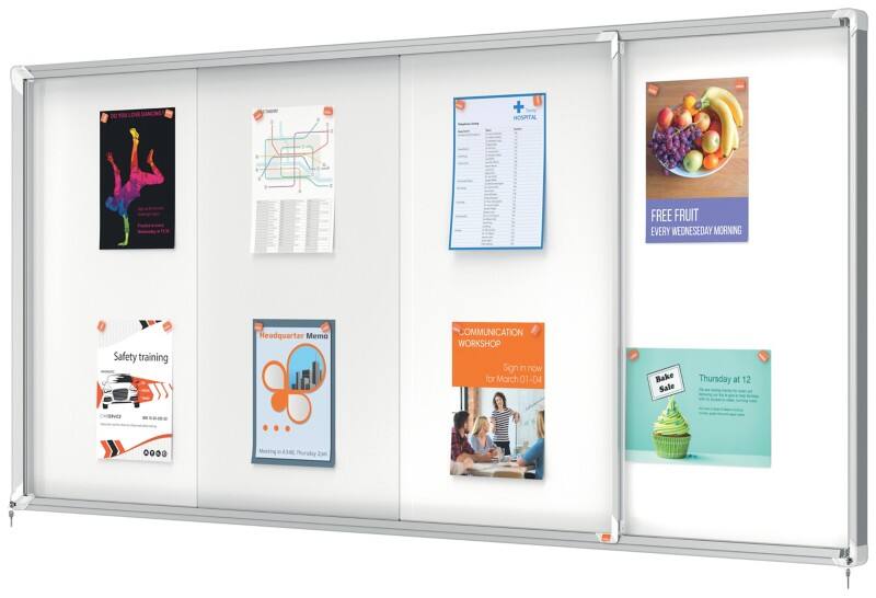 Nobo Premium Plus Magnetische Afsluitbare Binnenvitrine 1902572 Muurbevestiging Aluminium Frame Schuifdeur van veiligheidsglas 27xA4 Wit 2000 x 970 mm