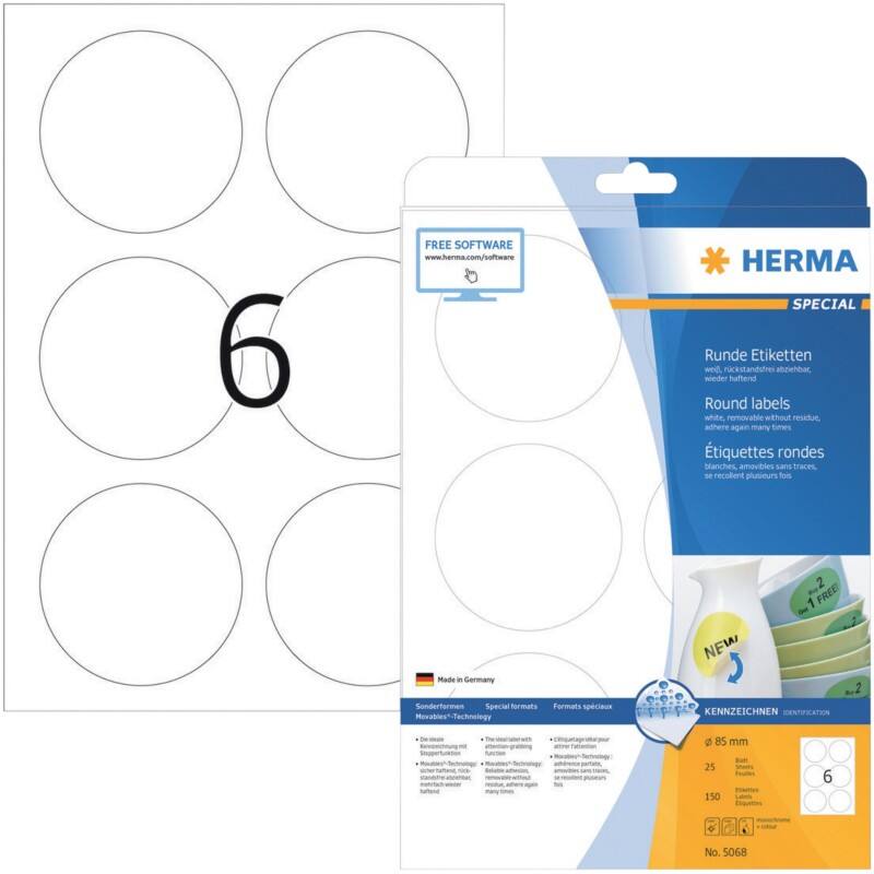Étiquettes repositionnables HERMA 5068 Blanc, Rondes 150 Étiquettes par paquet 5068