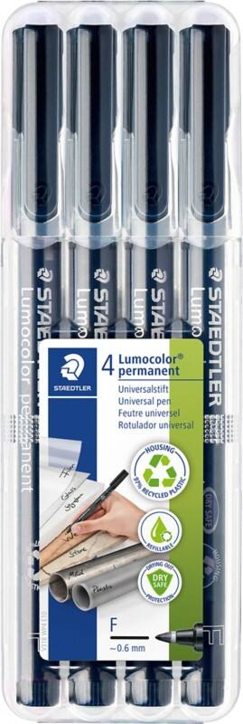 STAEDTLER Lumocolor Universal F Permanentmarker 97% gerecycleerd Fijn Ronde punt 0,6 mm Zwart Navulbaar 4 Stuks