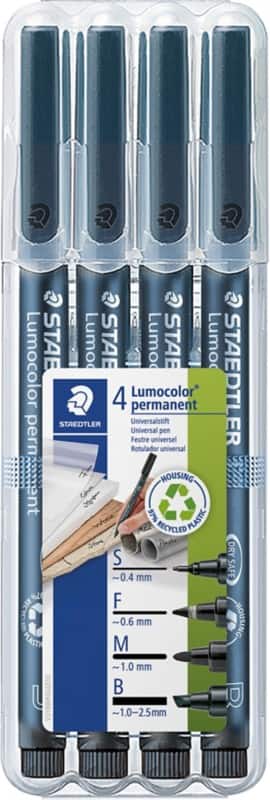 STAEDTLER Lumocolor  Permanentmarker 97% gerecycleerd Medium Ronde punt Viltstift 0,4 mm Zwart Navulbaar 4 Stuks