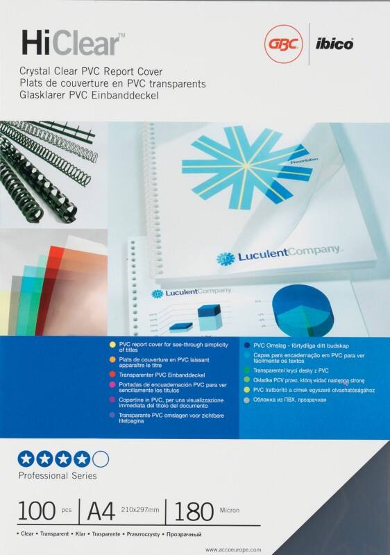 GBC Inbindkaft HiClear A4 180 micron PVC (Polyvinylchloride) Transparant 100 Stuks