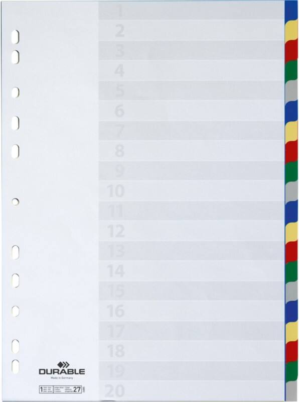DURABLE Blanco tabbladen A4 Kleurenassortiment 20 tabs PP (Polypropeen) 11 Gaten 6758-27