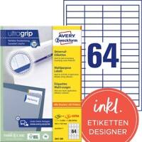 Étiquettes multifonctions Ultragrip AVERY Zweckform 3667-200 Adhésif A4 Blanc 48.5 x 16.9 mm 220 Feuilles de 64 Étiquettes