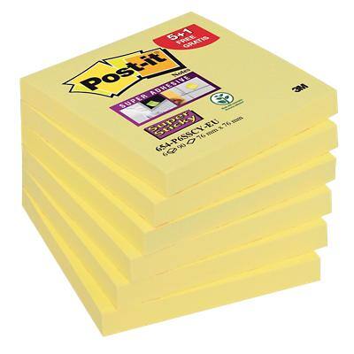 Post-it Super Sticky Notes 76 x 76 mm Kanariegeel Vierkant Blanco 90 Vellen Voordeelpak 5 blokken + 1 GRATIS