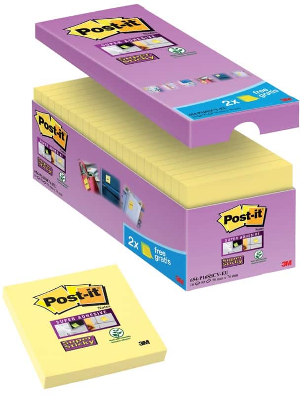 Post-it Super Sticky Notes 76 x 76 mm Kanariegeel 90 Vellen Voordeelpak 14 blokken + 2 GRATIS