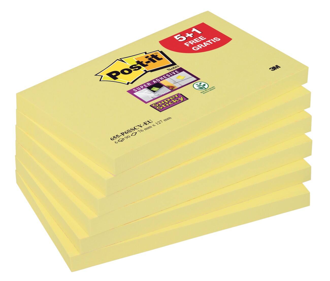 Notes Post-it Super Sticky 127 x 76 mm Jaune canari Pack avantage 90 Feuilles 5 + 1 GRATUIT