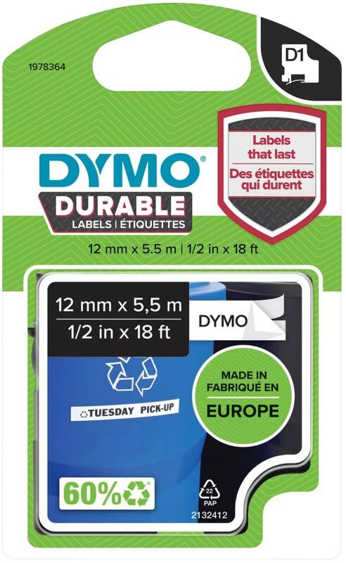 Dymo D1 1978364 Authentiek Durable Labeltape Zelfklevend Zwart op wit 12 mm x 5,5 m