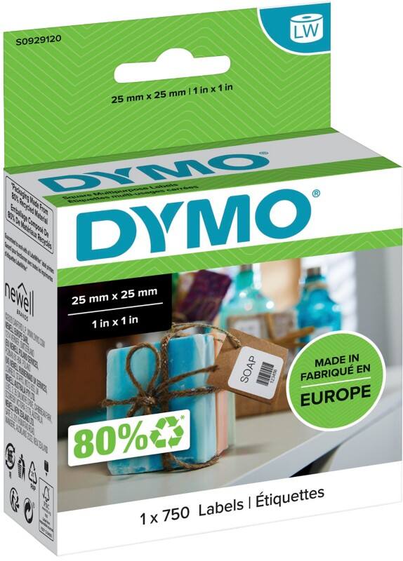 Étiquettes multifonction LW Dymo S0929120 d’origine, carrées Autocollantes Blanc 25 x 25 mm