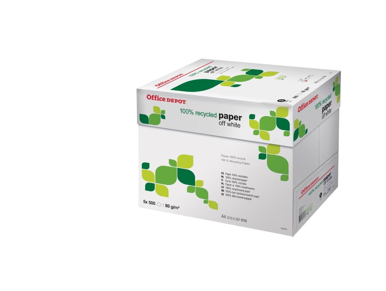 Papier 100% recyclé Office Depot A4 80 g/m² Blanc cassé 55 CIE Boîte de 5 ramettes de 500 Feuilles