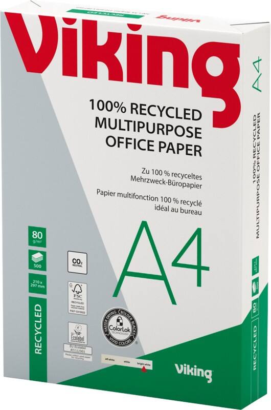 Viking Bright-White A4 Kopieerpapier 100% Recycled 80 g/m² Glad Wit 500 Vellen