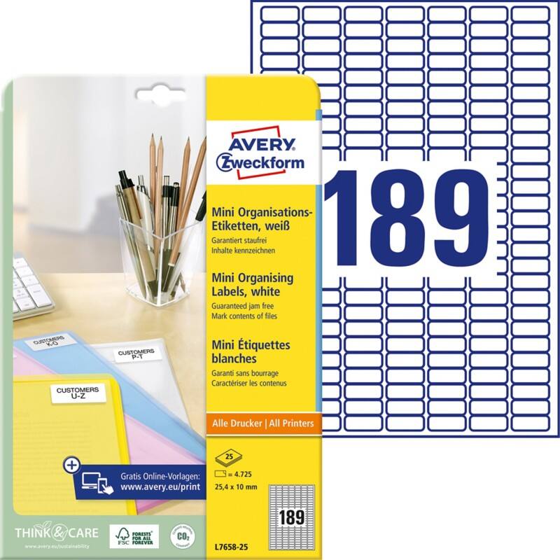 Étiquettes universelles Laser Avery L7658-25 Adhésif A4 Blanc 25.4 x 10 mm 25 Feuilles de 189 Étiquettes