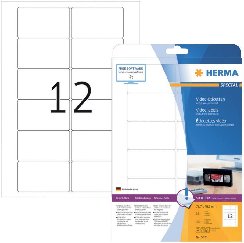 Étiquettes CD/DVD HERMA 5070 adhésif A4 Blanc 78.7 x 46.6 mm 25 Feuilles de 12 Étiquettes