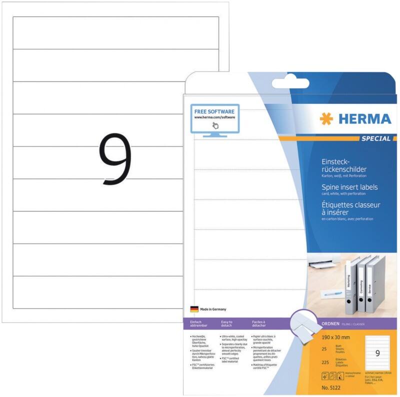 HERMA Insteek-ordnerrugetiketten 5122 Wit 3 x 19 cm 25 Vellen à 9 Etiketten