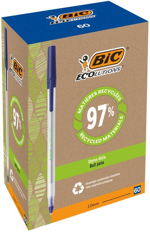 BIC Ecolutions Round Stic Balpen Blauw 0,4 mm Medium Balpen 74% Gerecycled 60 Stuks