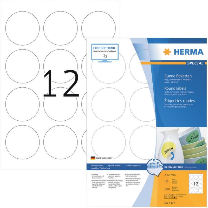 HERMA Etiketten 4477 Klevend A4 Wit 60 x 60 mm  100 Vellen à 12 Etiketten