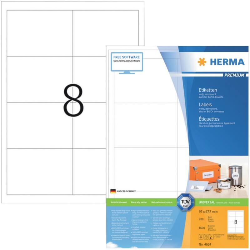 Étiquettes d'adresse HERMA 4624 Adhésif A4 Blanc 97 x 67.7 mm 200 Feuilles de 8 Étiquettes
