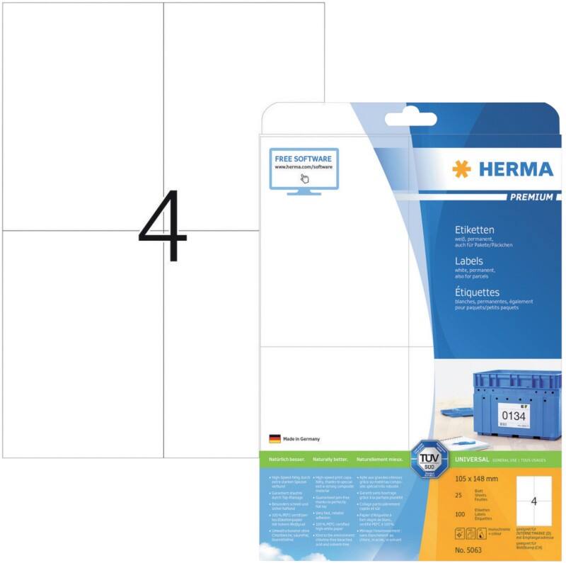 HERMA Etiketten 5063 Klevend A4 Wit 105 x 148 mm  25 Vellen à 4 Etiketten
