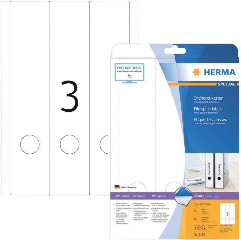 Étiquettes pour dos de classeur SuperPrint HERMA A4 61 mm Blanc 25 Feuilles de 3 Étiquettes 5135