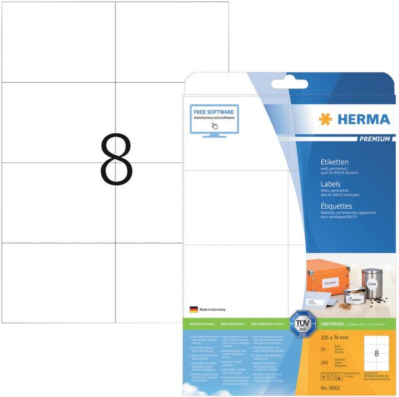 HERMA Etiketten 5062 Klevend A4 Wit 105 x 74 mm  25 Vellen à 8 Etiketten
