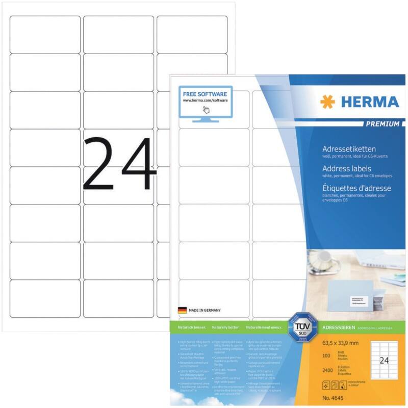 Étiquettes d'adresse HERMA 4645 Adhésif A4 Blanc 63.5 x 33.9 mm 100 Feuilles de 24 Étiquettes