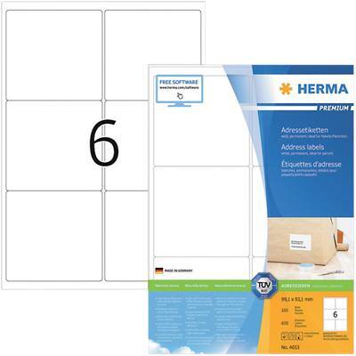 Étiquettes d'adresse HERMA 4653 A4 Blanc 99,1 x 93,1 mm 100 Feuilles de 6 Étiquettes 4653
