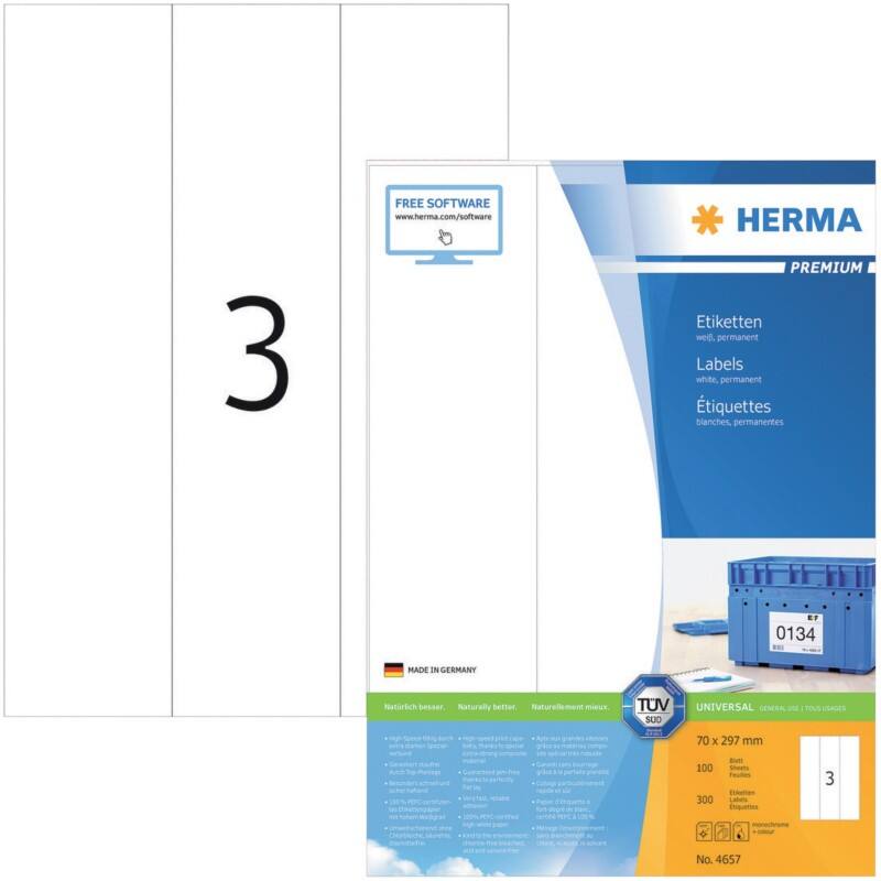 Étiquettes universelles HERMA 4657 Adhésif A4 Blanc 70 x 297 mm 100 Feuilles de 3 Étiquettes