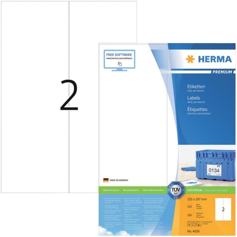 HERMA Etiketten 4658 Klevend A4 Wit 105 x 297 mm  100 Vellen à 2 Etiketten