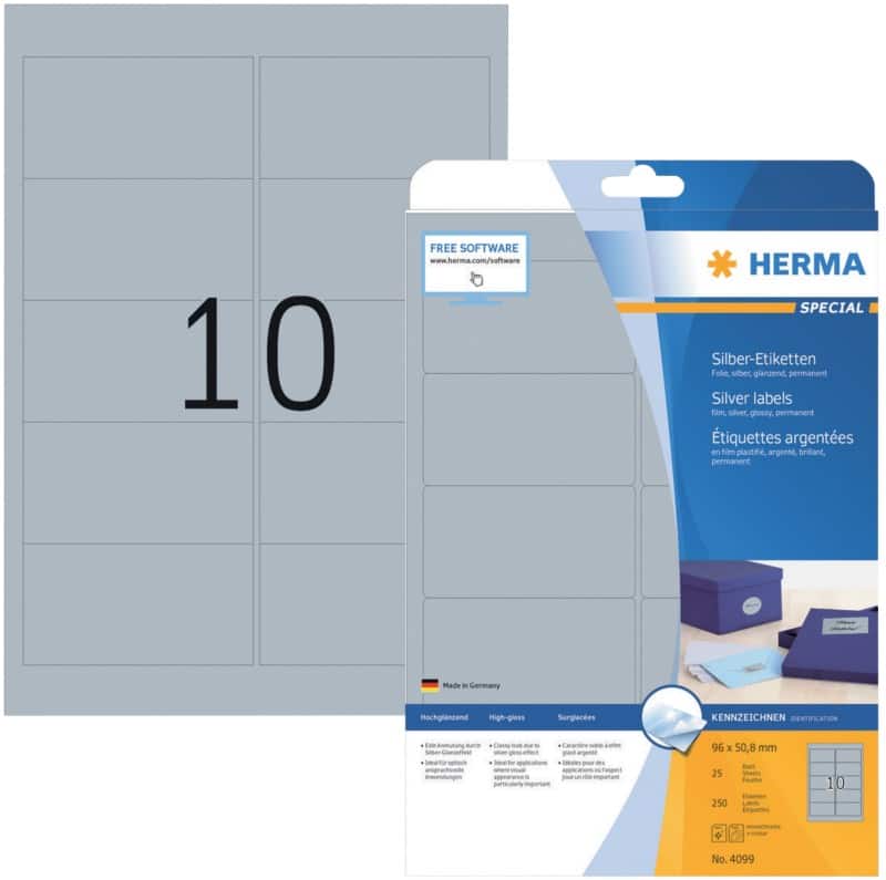 Étiquettes en plastique HERMA 4099 Argenté Rectangulaires 250 Étiquettes par paquet 4099